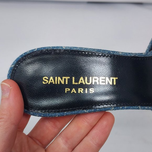 SAINT LAURENT Blue Denim Logo Print La 16 Open Toe Mule Sandal - Picture 6 of 10